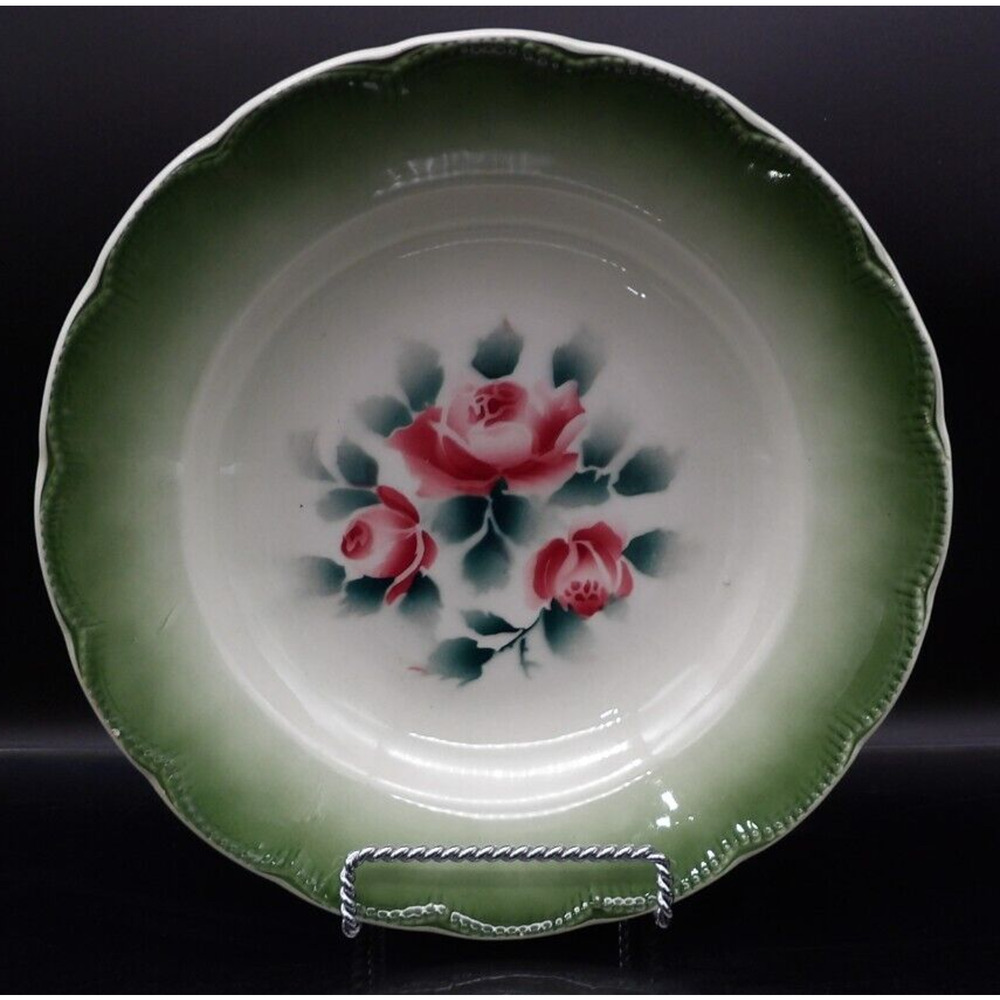 Vintage Green Porcelain Rose Design Vegetable Serving Bowl 9" Made in Germany